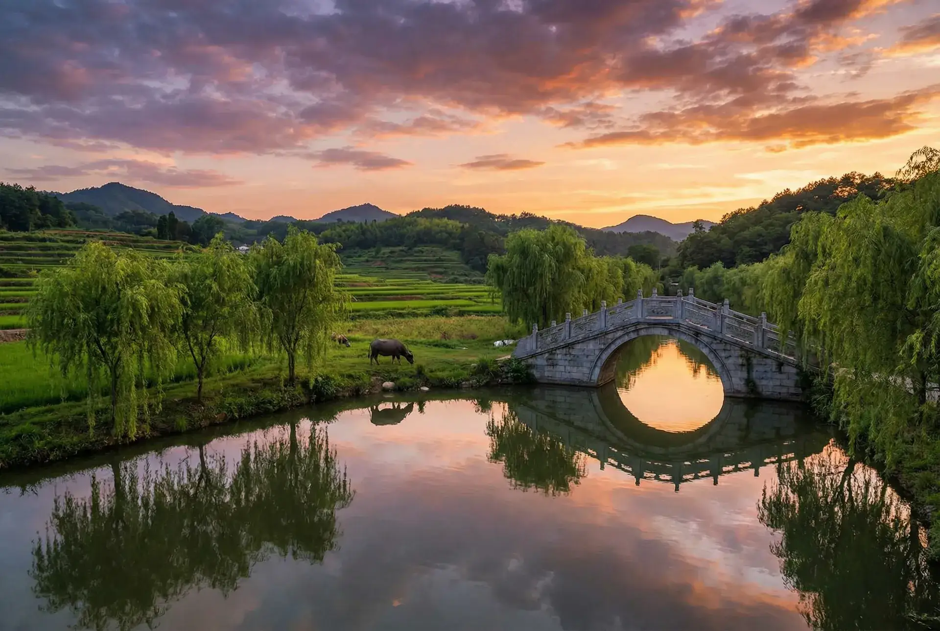 夕阳下的石拱桥与垂柳，水牛在河边吃草 - 江若琳电影 乡村美景