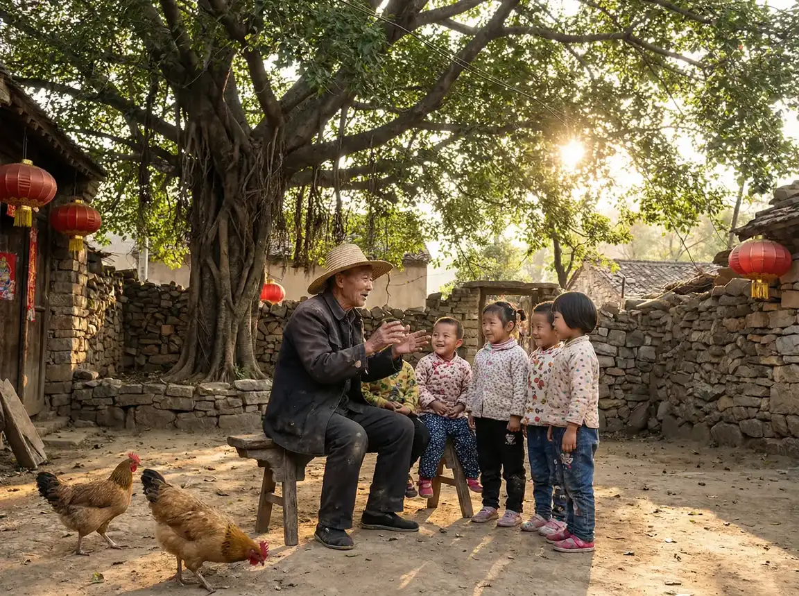 老人在大榕树下给孩子们讲故事 - 江若琳电影 乡村记忆